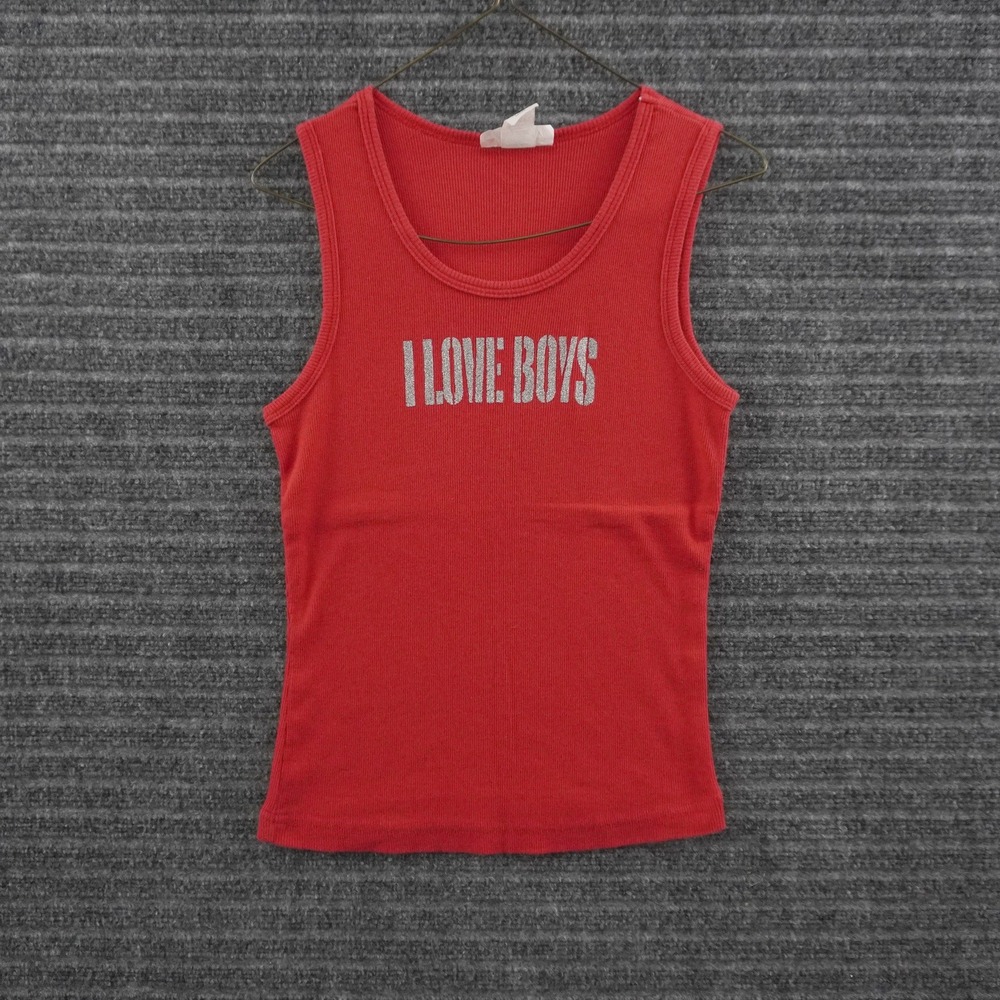 Vintage Self Esteem Tank Top Womens Large Red I Love Boys Glitter Graphic